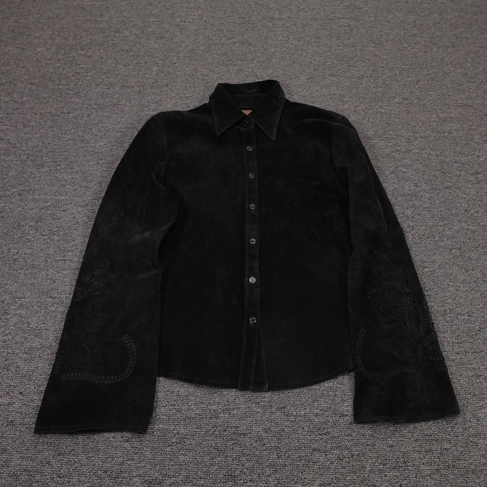 Skotts Suede Shirt Jacket Womens Medium Black Embroidered Suede Button Front